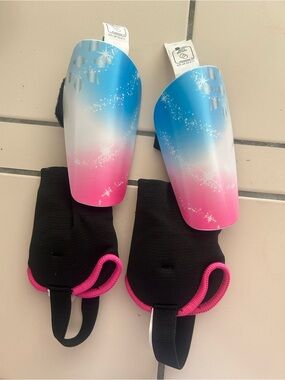 Youth Gradient Pink and Blue Shin Guards with Black Ankle Sleeves